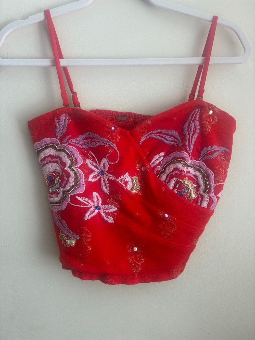 Free People Red Asymmetrical Embroidered Floral Crop Top
